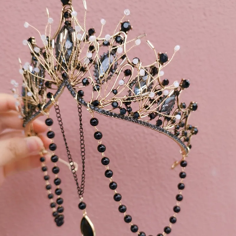 Couronne à pampilles foncées Tuinga vierge exotique, coiffure noire pour défilé, accessoires pour cheveux front occidentaux