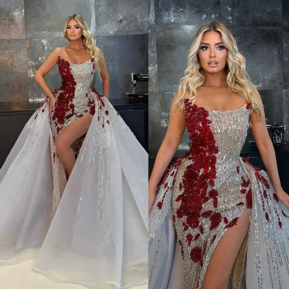 

Sparkly Sequined Strapless Prom Dresses Sexy Crystal Side High Split Evening Dress Customized Detachable Train Party Gown