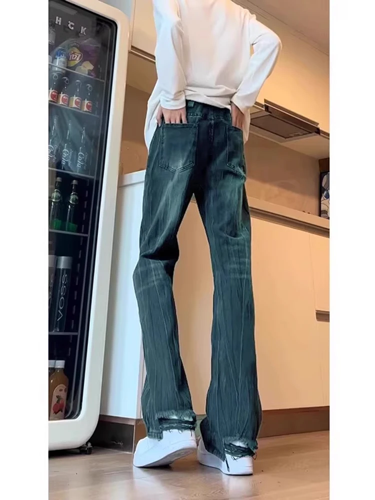 

Retro American Cleanfit Bamboo Pattern Men's Jeans High Waist Straight Leg Long Length Waed Denim Mid-Low Waist Youth Trend