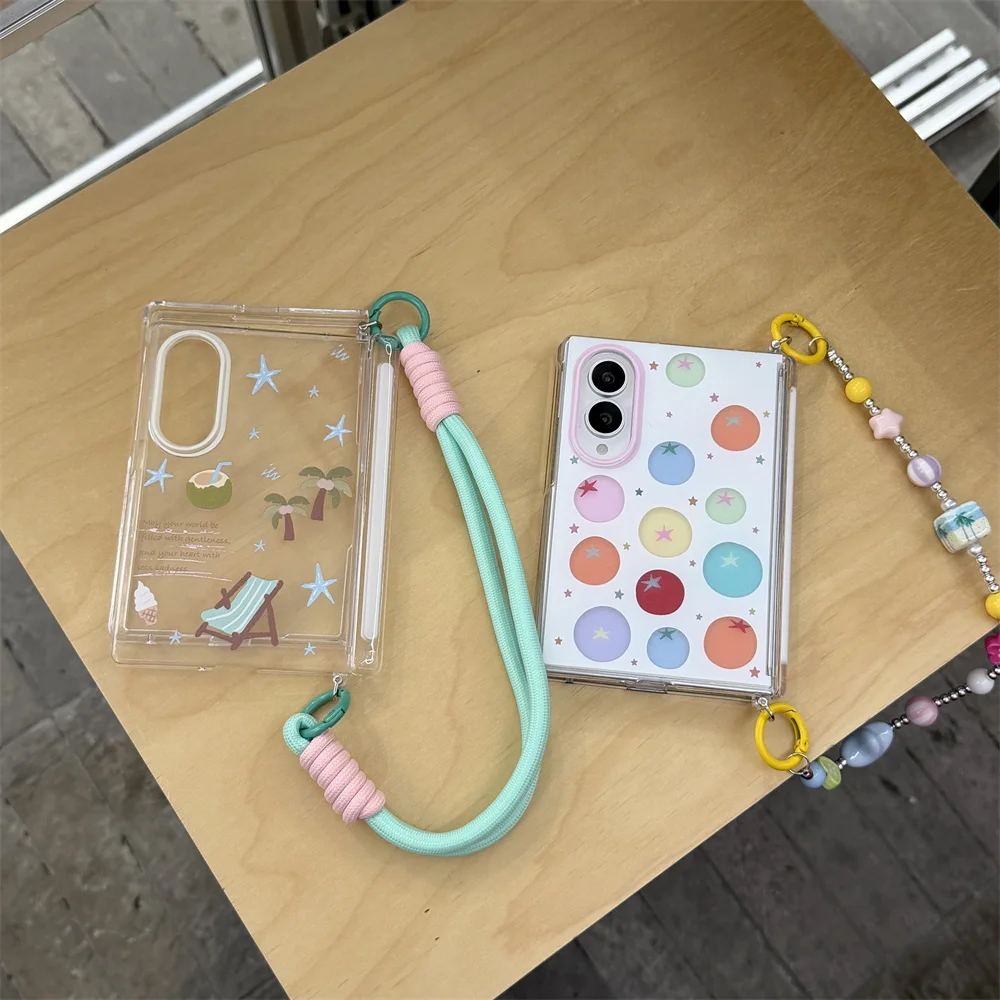 Cute Summer Beach Vacation Polka Dot Star Phone Case For Samsung Galaxy Z Fold8  Protective Cover With Wrist Chain