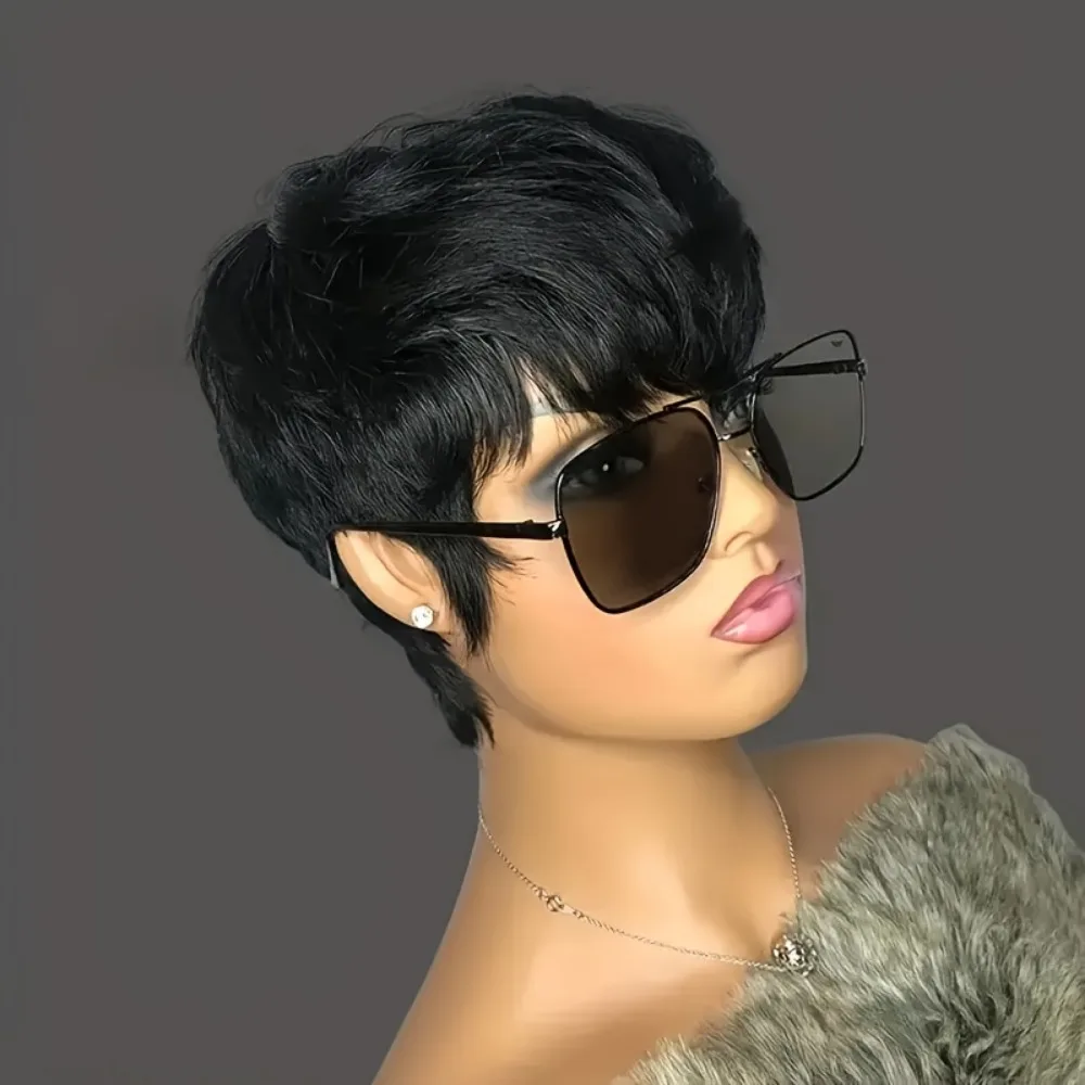 6 Inch Short Straight Remy Human Hair Wig for Women - 150% Density Layered Style, Natural Look, 1B Color, Full Machine-Made with
