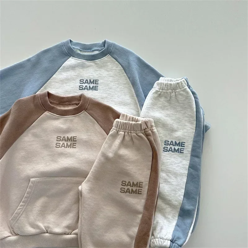 6902-1 مجموعة ملابس الأطفال الخريف والشتاء جديد الصبي دعوى اللون مطابقة تيري سترة السراويل بدلة عادية قطعتين