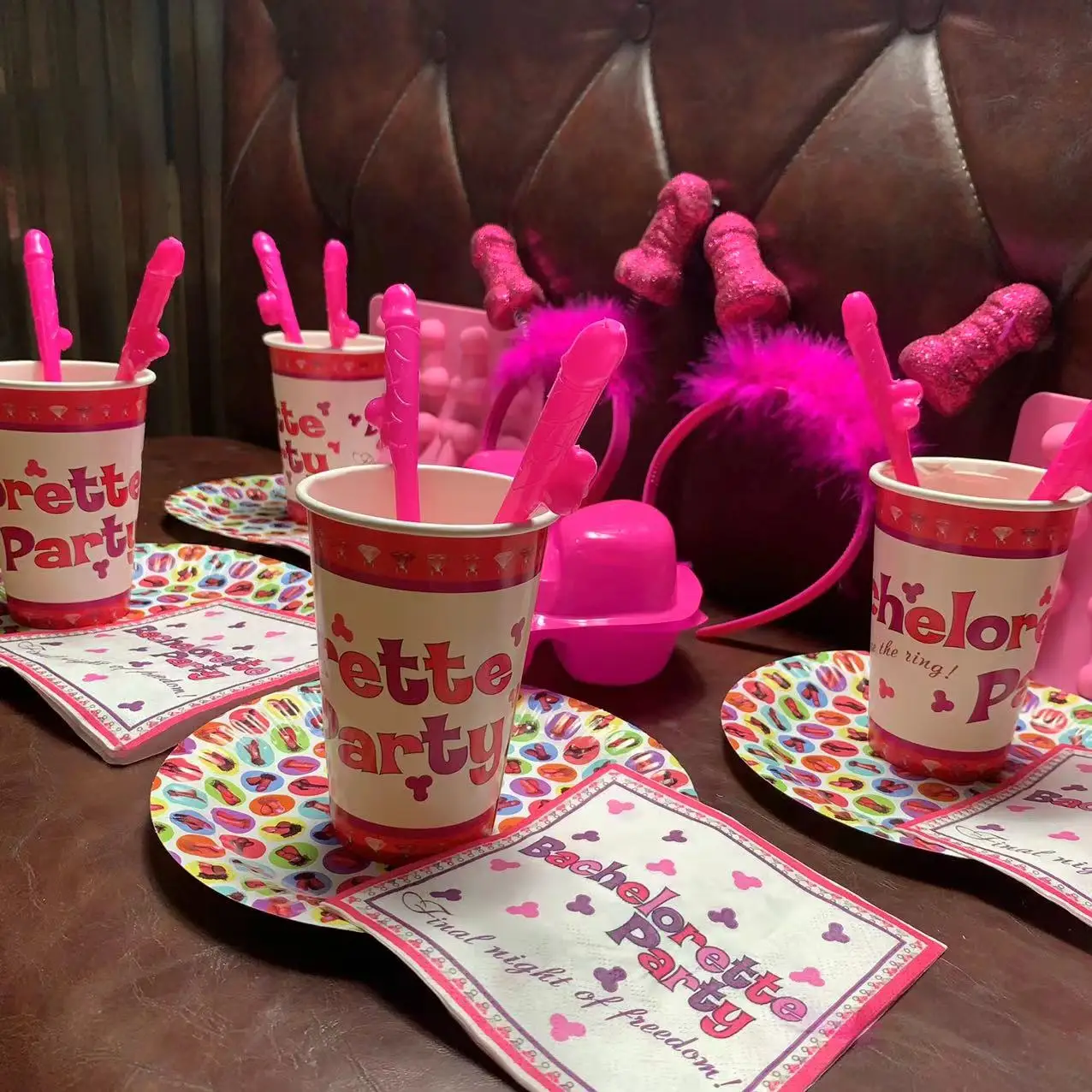 Bachelorette Party Table Decorations Rose Pink Funny Penis Straws Paper Cups Dick Plates Night Bride Toys Bridesmaid Gift Props