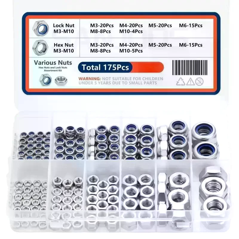 175 Pcs Stainless Steel Locknuts Hex Nuts Assortment Kit, M3 M4 M5 M6 M8 M10 Metric Nylon Insert Lock Nut Set for DIY Repair