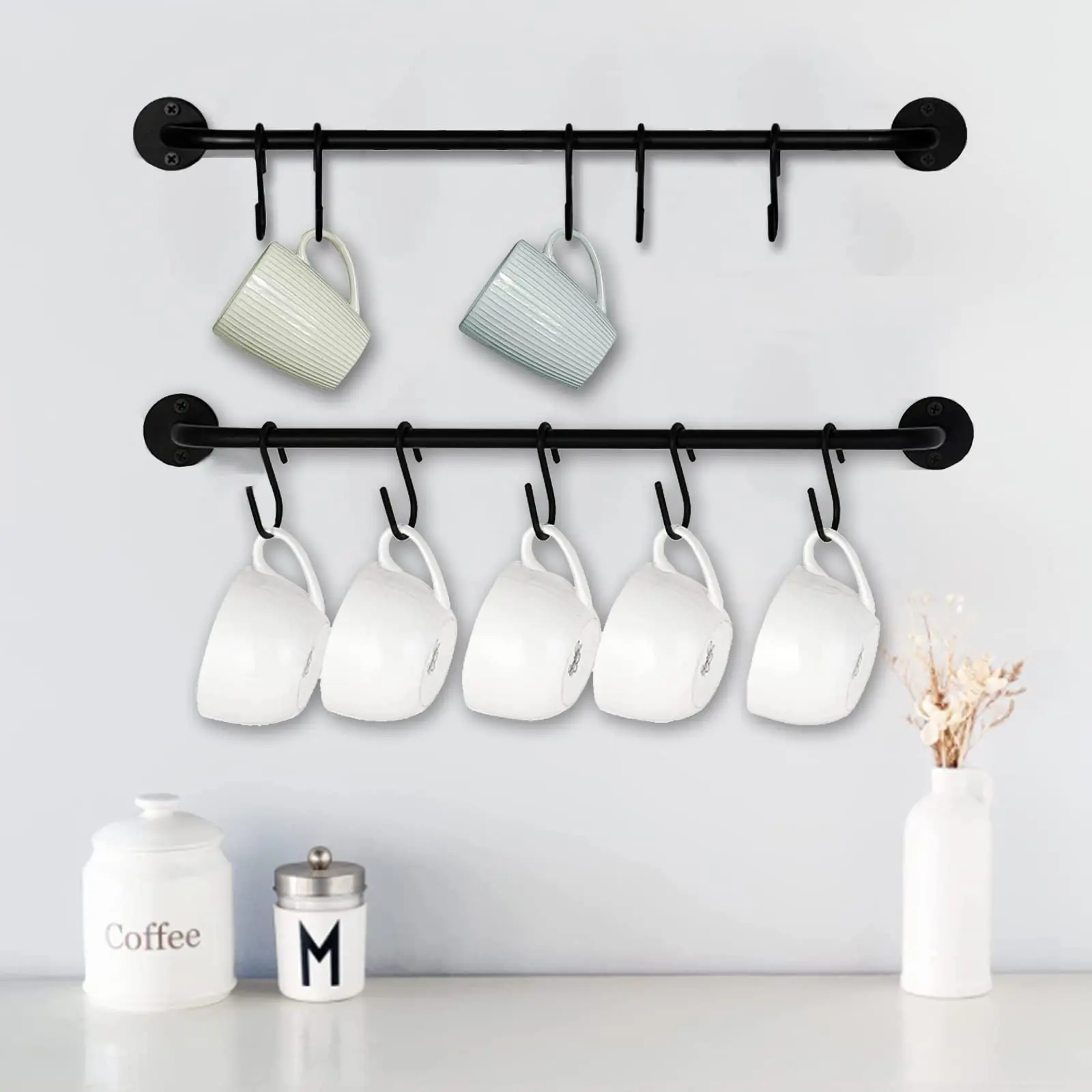 Wall Mounted Coffee Mug Rack, Black Metal Cup Holder with 5/10 Hooks, 1/2PCS Kitchen & Coffee Bar Tea Cup Storage Organizer