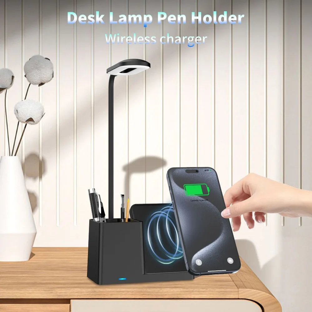 

Three in one pen holder desk lamp wireless charging bracket 15W fast charging tri color dimming wireless charging bracket