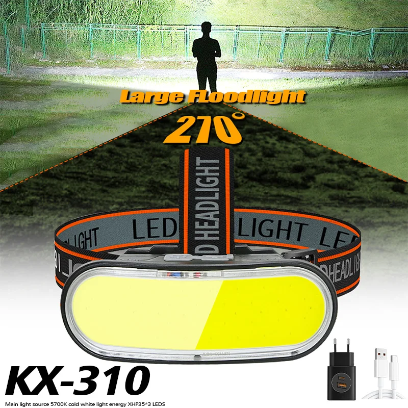 

KX-310 COB+LED Headlamp Floodlight USB Rechargeable Head Flashlight Built-in Battery 1200MaH Headlight Led for Fishing Camping