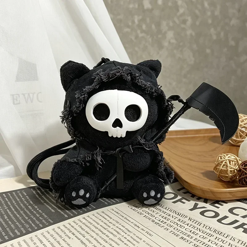 Grim Reaper Schwarze Katze Plüsch-Schlüsselanhänger Taschenanhänger Kreativer gruseliger Stoffanhänger für Rucksack, Handtasche, Dekoration, Geschenk, Sammlung – Detail 2