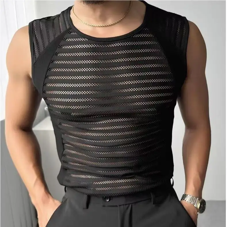 Sexy Hollow Men\'s Vest Soft Comfortable Breathable Fitness Sports Black Vest Elastic Slim Men\'s 6 Minutes Fitness Pants Short