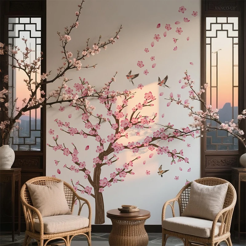 Creative Colorful Ink Wash Floral Peach Tree Branch Bird Wall Sticker Background Wall Home Decoration Self-adhesive Wall Sticker