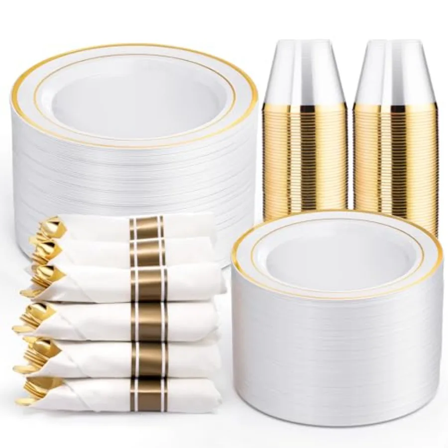 

350-Piece Gold Disposable Plates and Cutlery Set - Premium 10.25" Dinner Plates, 7.5" Dessert Plates, 9oz Cups and Cutlery for