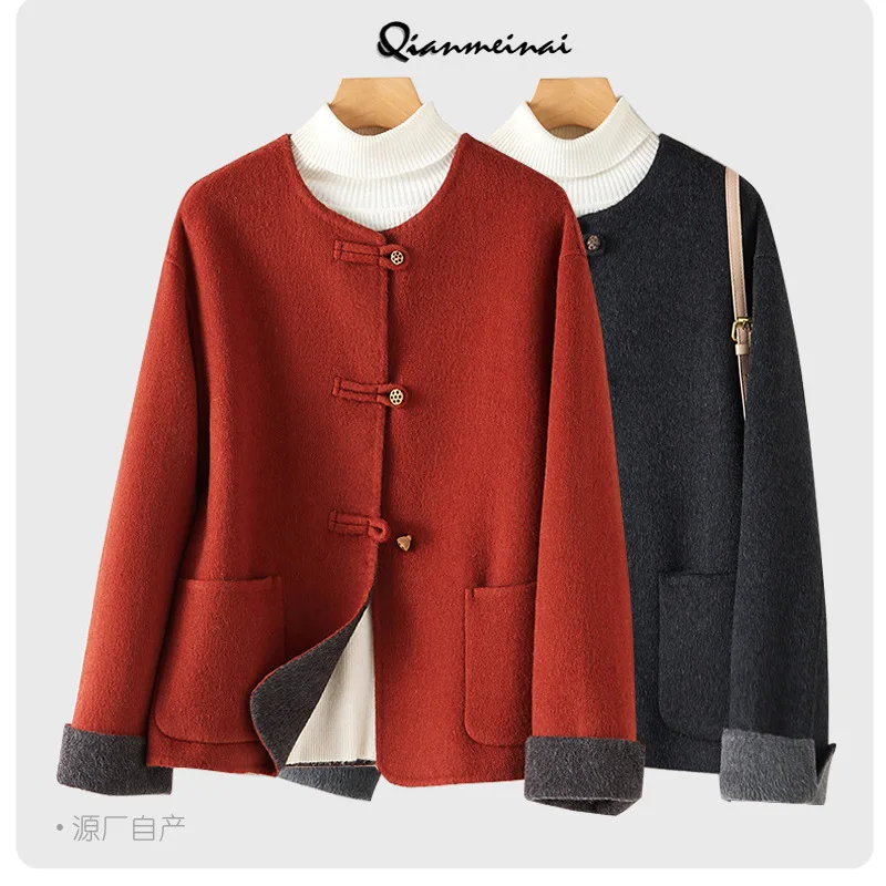 

Новое красное двустороннее шерстяное пальто в китайском стиле, женская одежда, зимняя короткая кашемировая куртка с круглым вырезом, женские топы