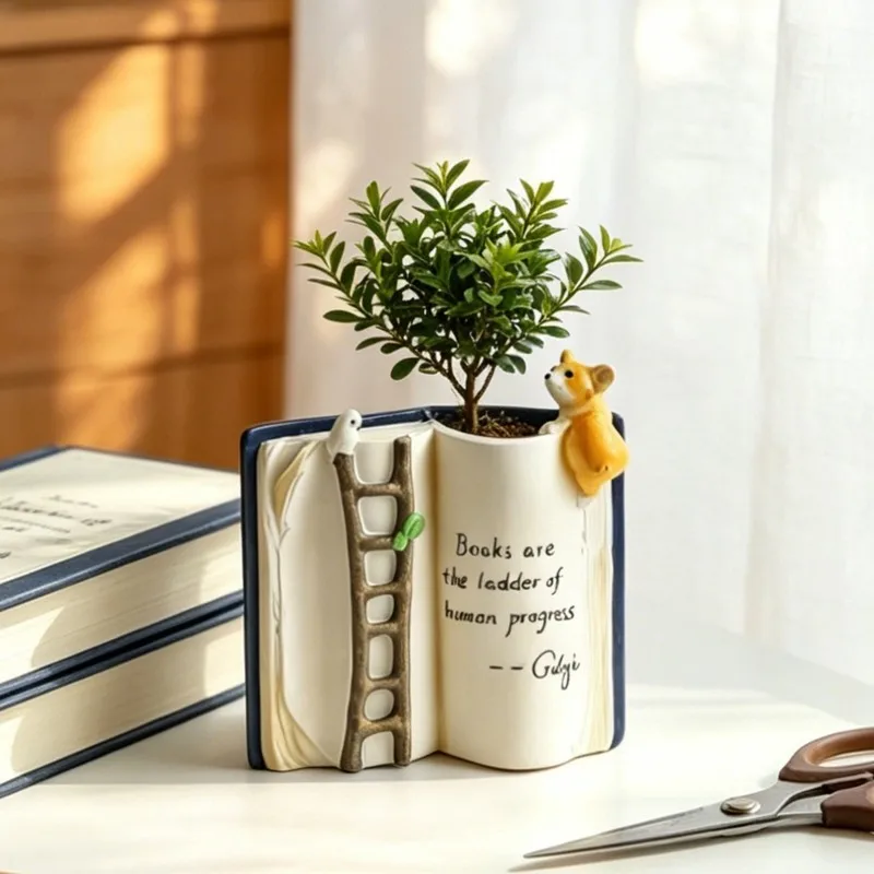 ABAE- Cactus Pot Staircase Book Flower Pot Resin Book Stack Planter Desktop Decor Garden Decoration(Without Plants)