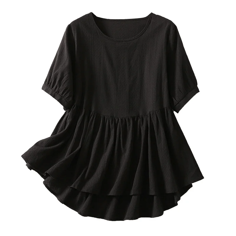 

Zagros New plus-size literary loose solid color jacquard short-sleeve top T-shirt for women