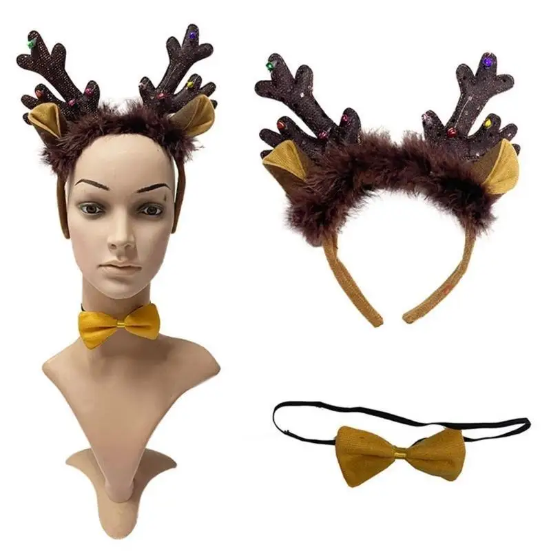 

652F Рождественская повязка на голову в форме ушей лося, галстук-бабочка и хвост, комплект костюмов на Хэллоуин