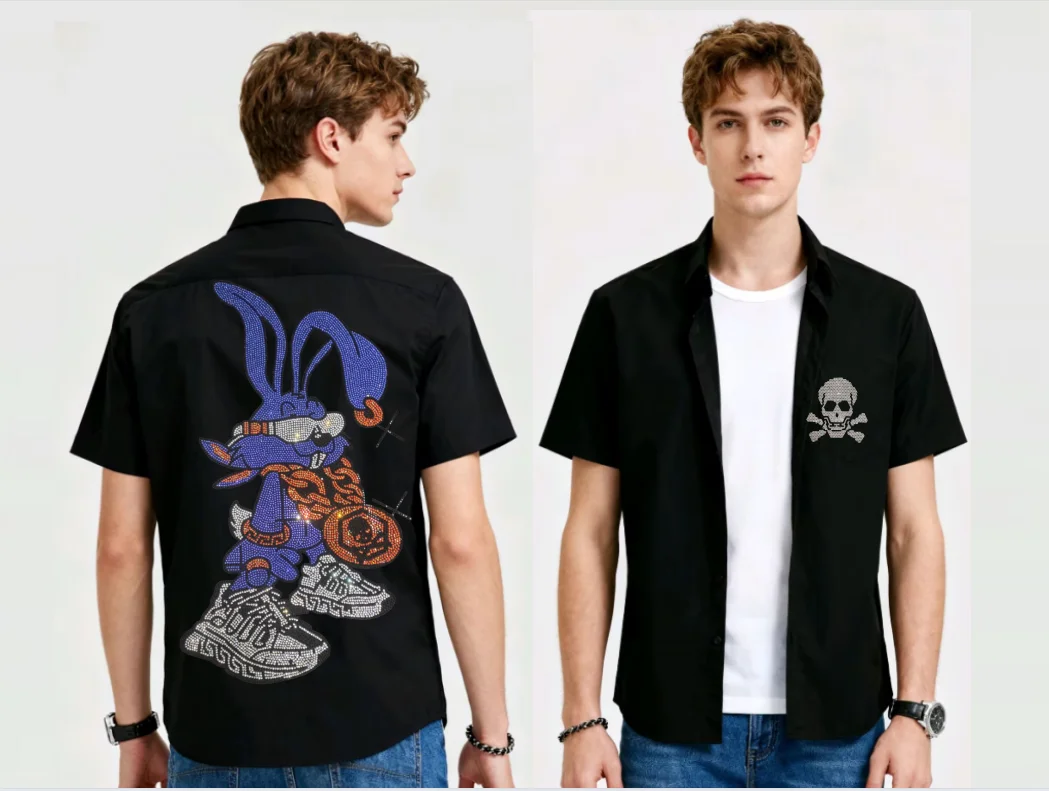 

Мужская прочная камуфляжная рубашка с короткими рукавами и акцентами со стразами, прочный хлопок, идеально подходит для летних охотничьих поездок и красивых людей