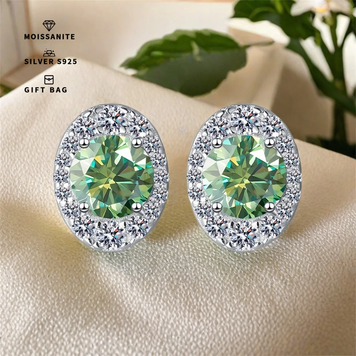 A pair of S925 sterling silver L-green stud earrings, oval bracket wrapped round GRA moissanite simple elegant earrings