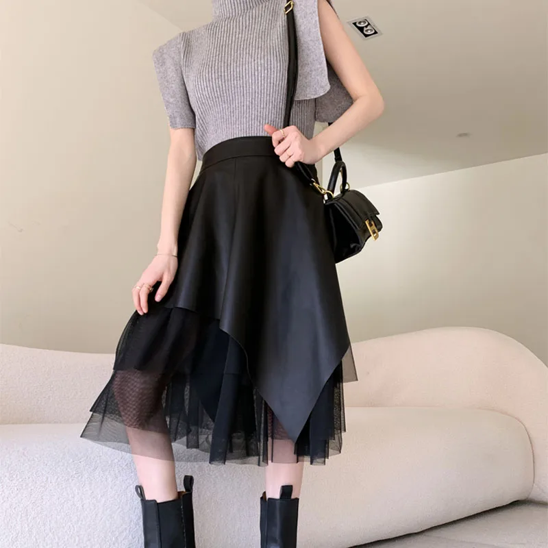 2022 Classic Spring Female Genuine Leather OL Skirt Woman Black Sexy Open fork skirt Midi Long Slim Over Mid Calf Yarn skirt