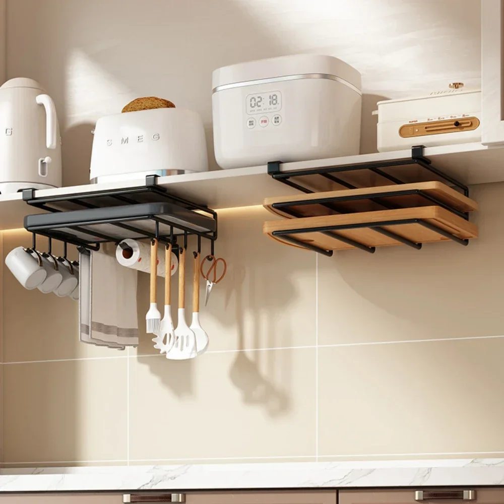 

Kitchen Hanging Organizer Rack with Hooks Under Cupboard Paper Towel Rags Hanger Cutting Board Pot Cover Holder Storage Shelf