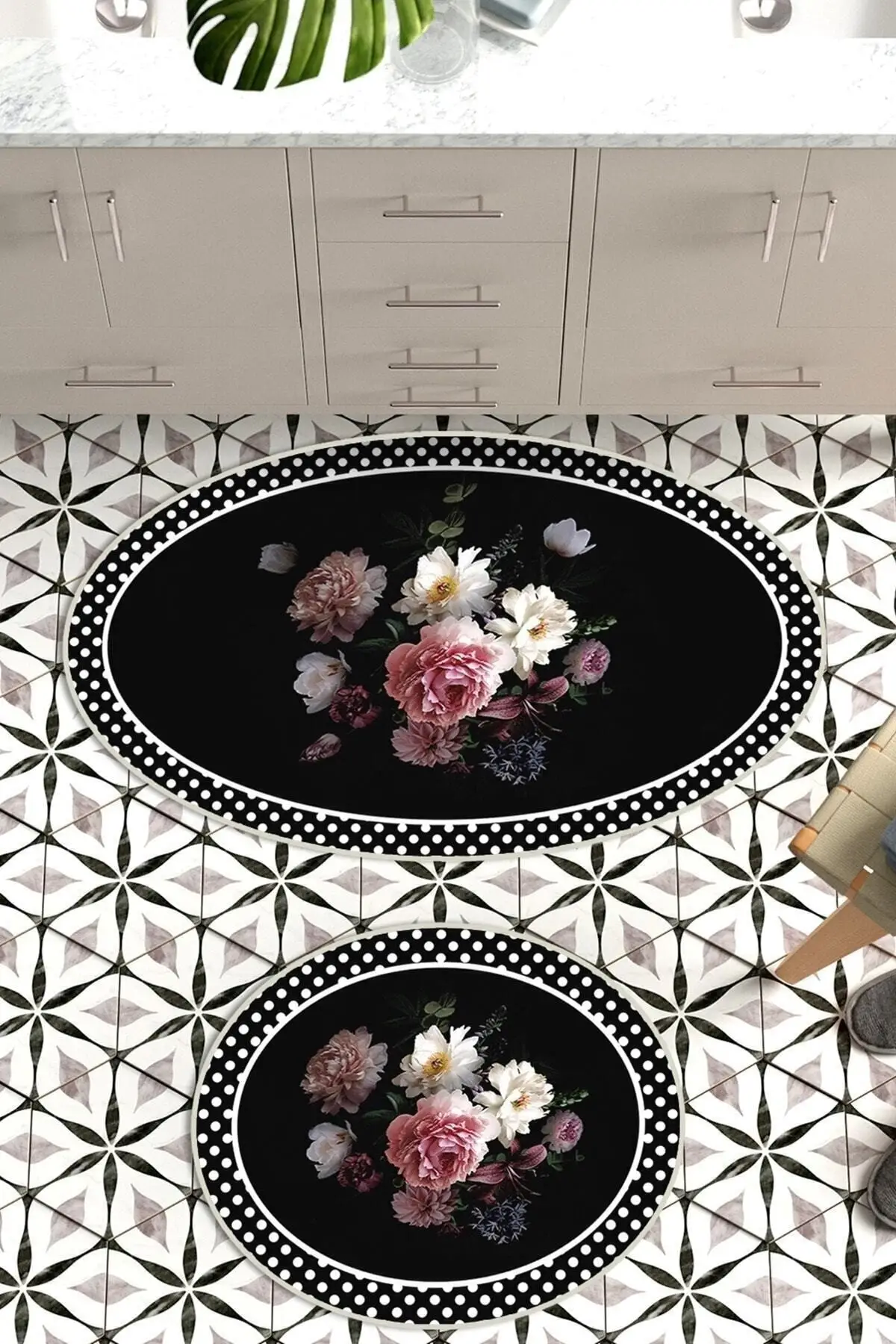 Rose & black Digital Bath Mat 2 Oval Set for Closet Super Absorbent Floor Anti Slip Quick Drying Bathroom Mat Floor carpet Easy