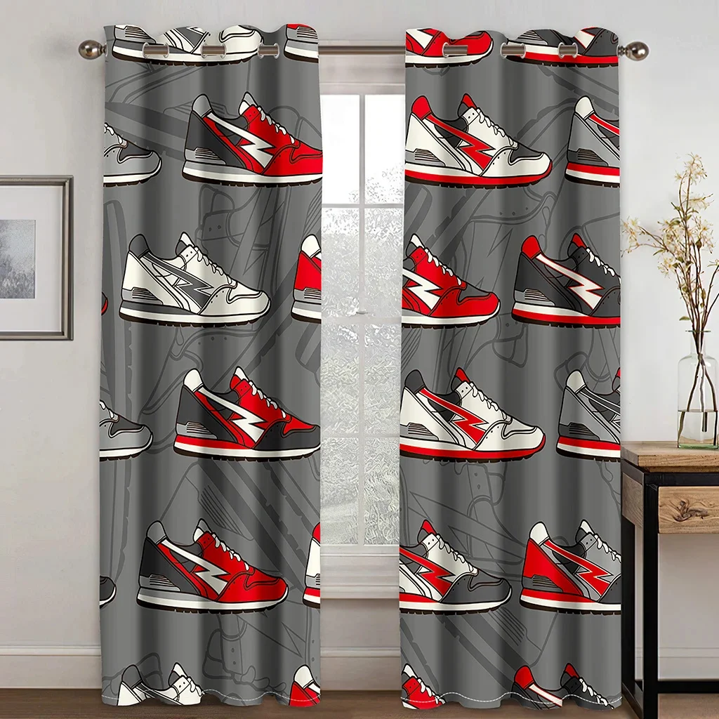 Fashion Sneakers Pattern Curtains 2 Panels Red Black Sport Style Grommet Drapes Kids Room Living Room Sun Block Curtain