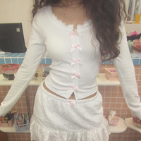 CIBBAR Vintage Bow Stitching Cropped Top Women Cute y2k Lace Patchwork Skinny Long Sleeve T Shirt Lady Fairycore Autumn Clothing