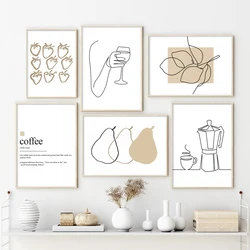 Abstract Lines Coffee Wine Glass Lemon Canvas Painting Nordic Posters And Prints Wall Art Pictures For Kitchen Room Home Decor