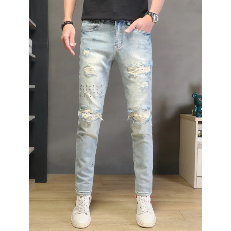 

2026 Spring Summer Men's Washed Light Ripped Denim Jeans Slim Skinny Stretch Trendy Pants
