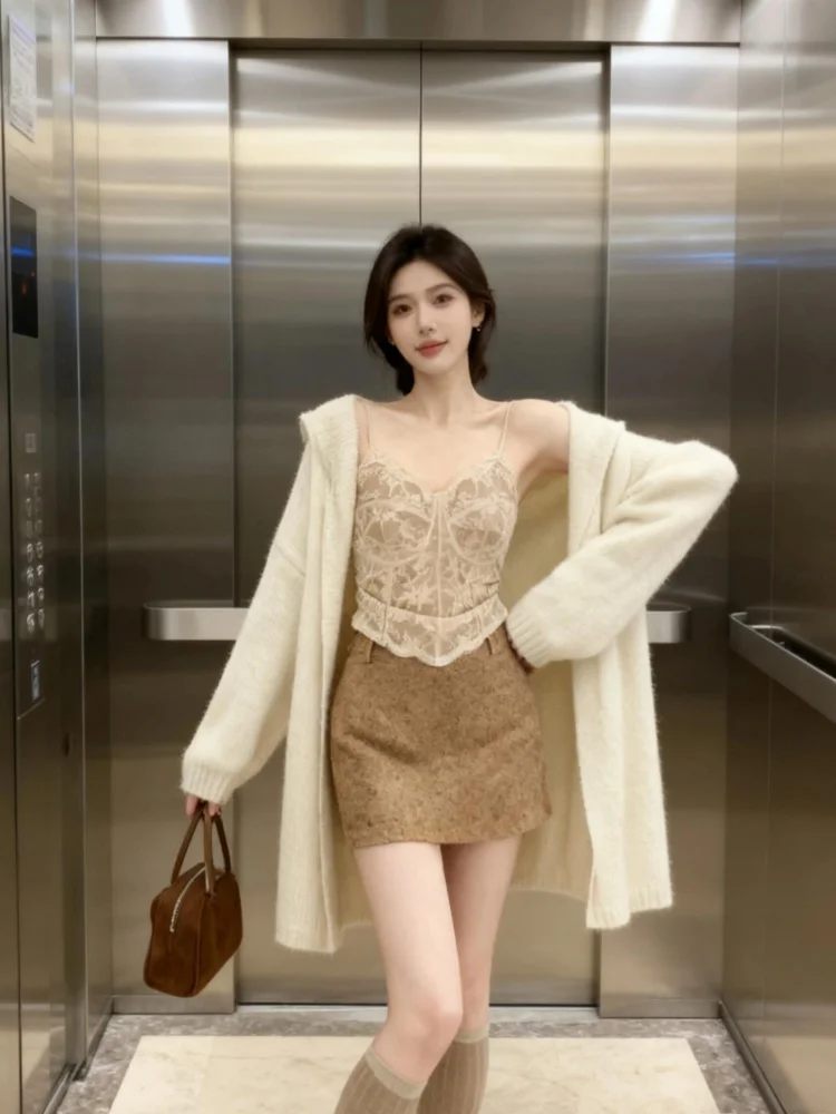 

Korean Style Loose Knitted Pure Desire Women's Set Early Autumn Trendy Skirt And Crop Top Three-Piece Suit Casual Wear