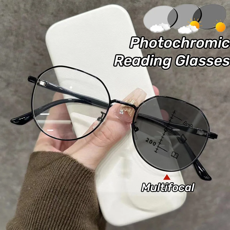 

Metal Frame Photochromic Far Sight Glasses Retro Round Multifocus Reading Glasses High Definition Anti-blue Presbyopia Glasses