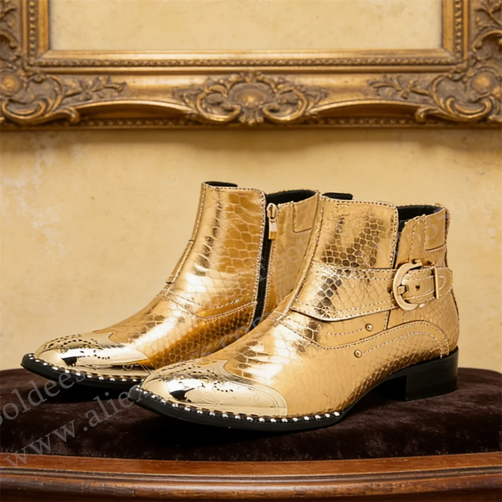 

Iron Square Toe Fashion Chelsea Boots Men Genuine Leather Luxury Gold Black Side Zipper Chunky Heel Trendy Party Short Boot