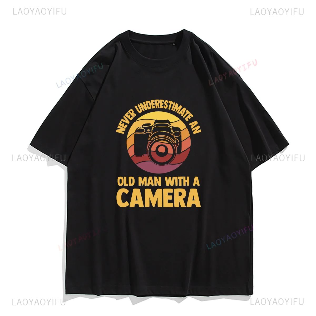 Vintage Mens T Shirts Photography T-Shirt Never Understimate An Old Man with A Camera Print Tops Graphic T Shirt Cotton Tee