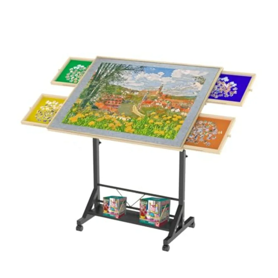 

Puzzle Table with Drawers for Home Use, Black MDF, Black, 35 Inch Rotating Adjustable Height 25.637.4 Inch 360 Tilting Portable