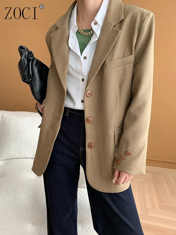

ZOCI элегантные свободные блейзеры женские с зубцами однобортные офисные женские пальто с длинными рукавами в стиле минимализм 2024, осенняя новинка FC1178