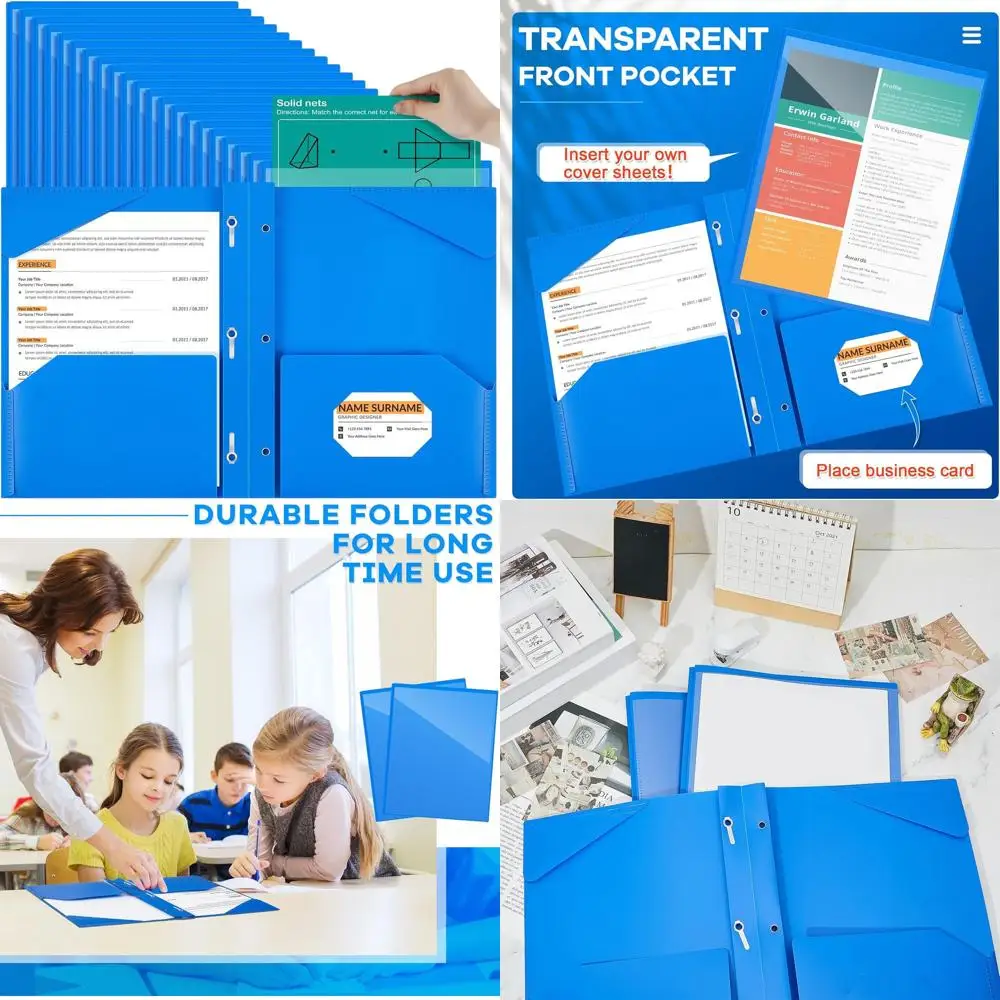 

Plastic Folders with Clear Front Pocket, 3-Prong, Card Slot, Prongs for School and Office Use, Blue