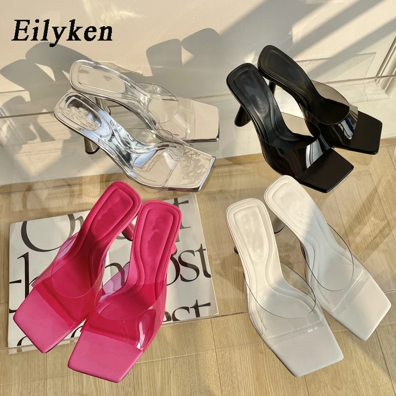 Eilyken 2024  NEW Square Toe Shallow Jelly Women Slippers Summer PVC Transparent Female Elegant Dress High Heels Slides Shoes