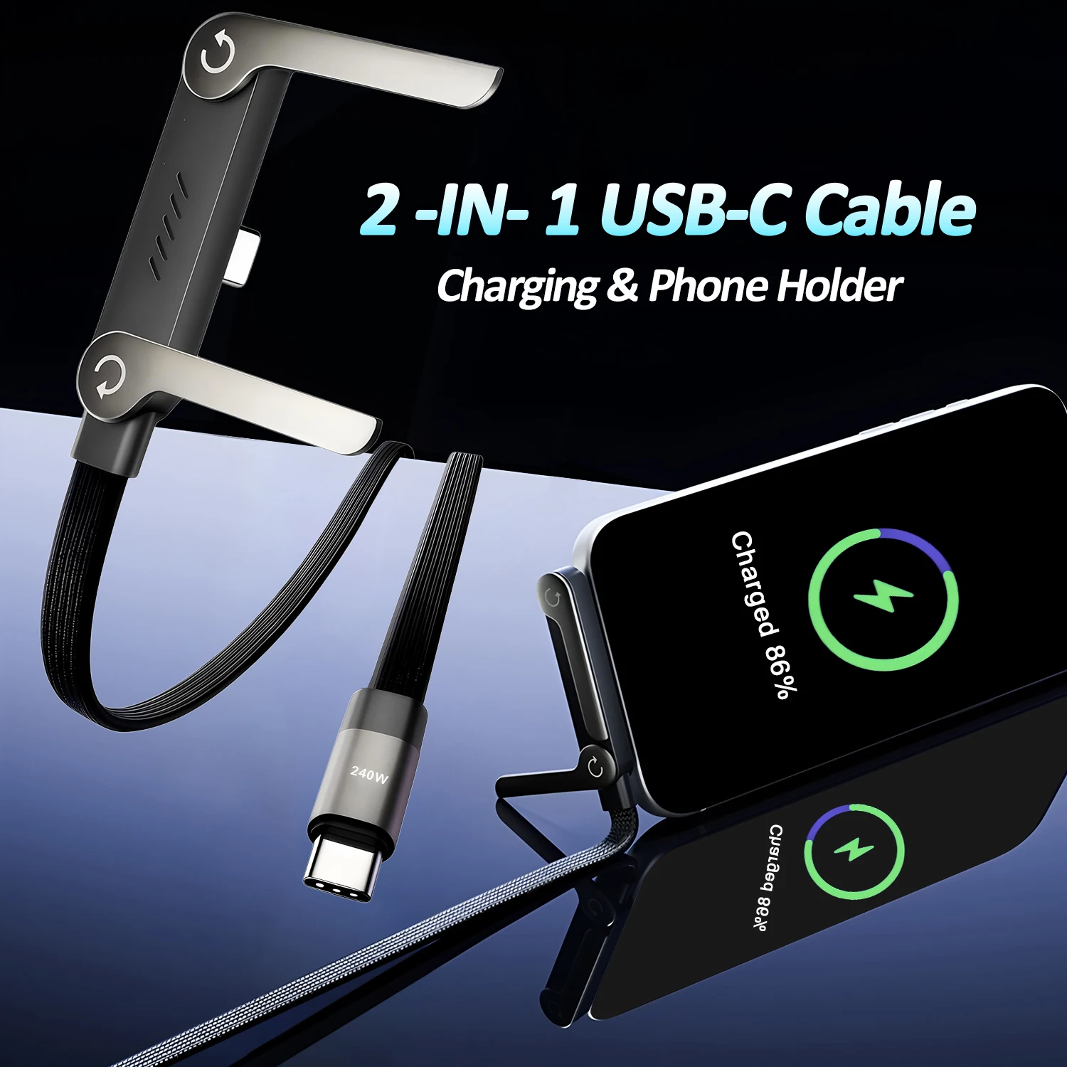 2 IN 1 Dual Type-C Cable SmartPhone Folding Bracket 240W Fast Charger PD Data Wire Multi-Function USB-C Cable Desktop Holder
