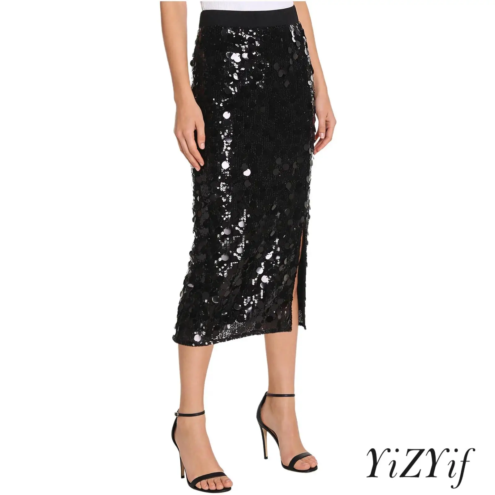 Womens Shiny Sequin Pencil Skirt Allover Sequins with Soft Lining Elastic Waist Back Slit Midi-length Skirt for Cocktail Banquet
