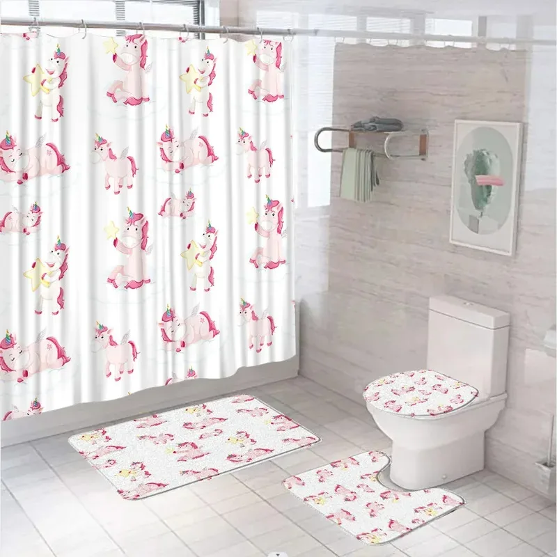 

HJN23Cartoon Unicorns Shower Curtain Set Magic Cute Animal Children Girl Bathroom Decor Screen Non-Slip Rug Toilet Lid Cover6Jn