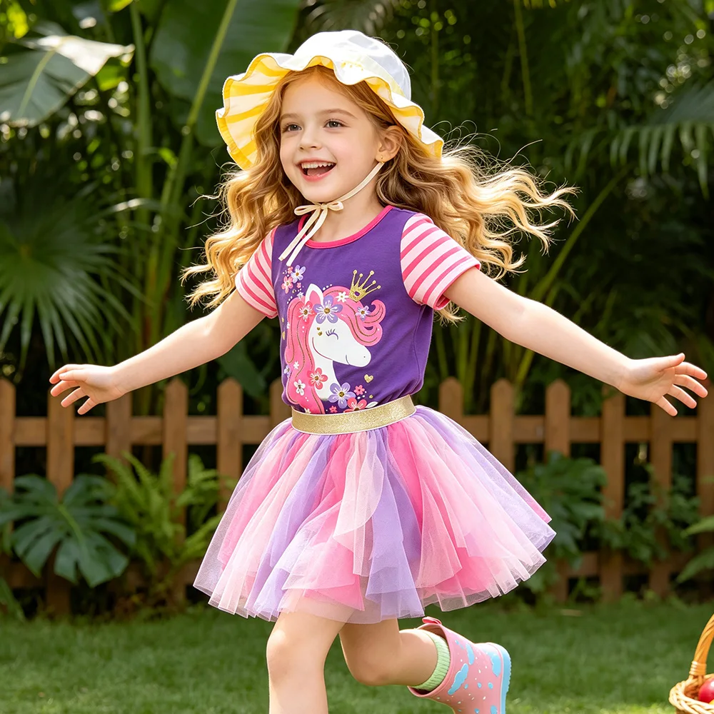 VIKITA Girls Purple Unicorn Flower Print T Shirt Kids Cotton Soft Summer Short Sleeve School Daily Casual Princess Tops and Tees