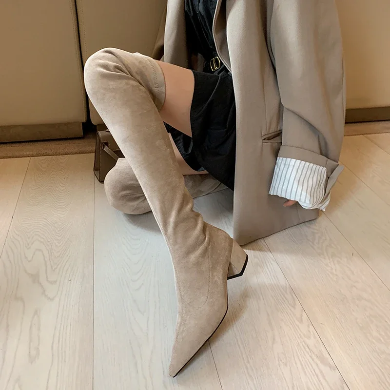 2024 Sexy Woman Over The Knee Boots Lady Slim Elastic Long Thigh High Boots Pointed Toe Kid Suede Ladies Zapatos De Mujer 33-43