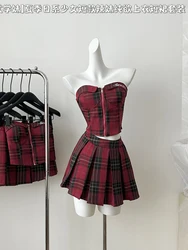 Summer Women Clubwear Kpop Gyaru Coquette Hot Y2k Sexy Rave Suit 2000s Plaid Outfits 2 Piece Set Tube Top + Mini Pleated Skirt