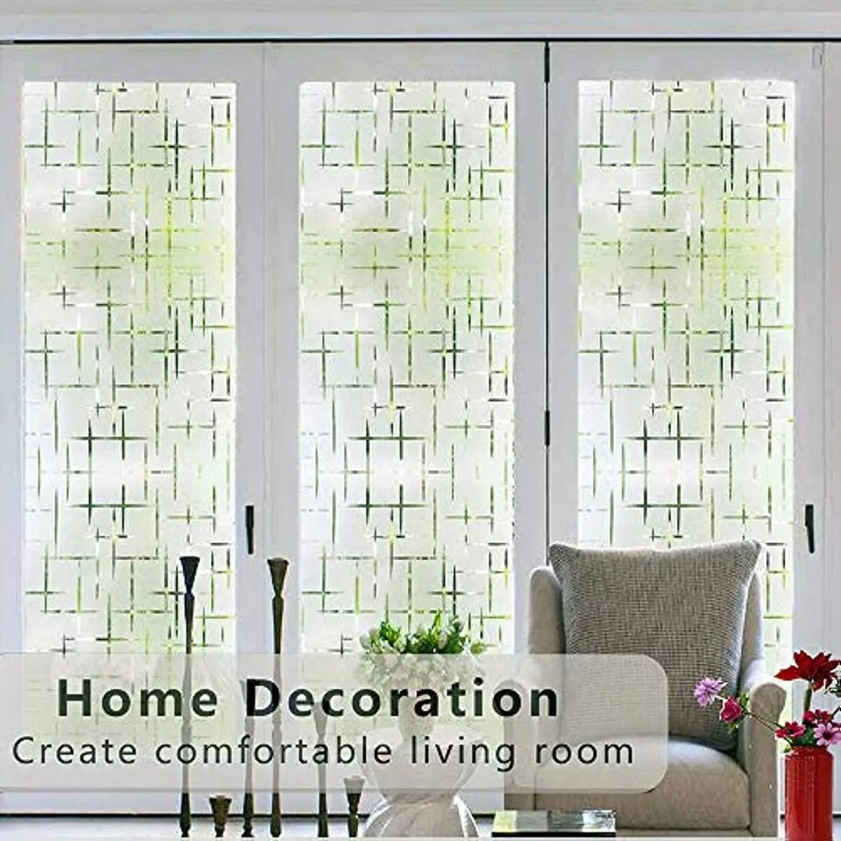 Cross Pattern Frosted Window Glass with Adhesive Free Self Static Bonding Decorative Windows for Home Offices