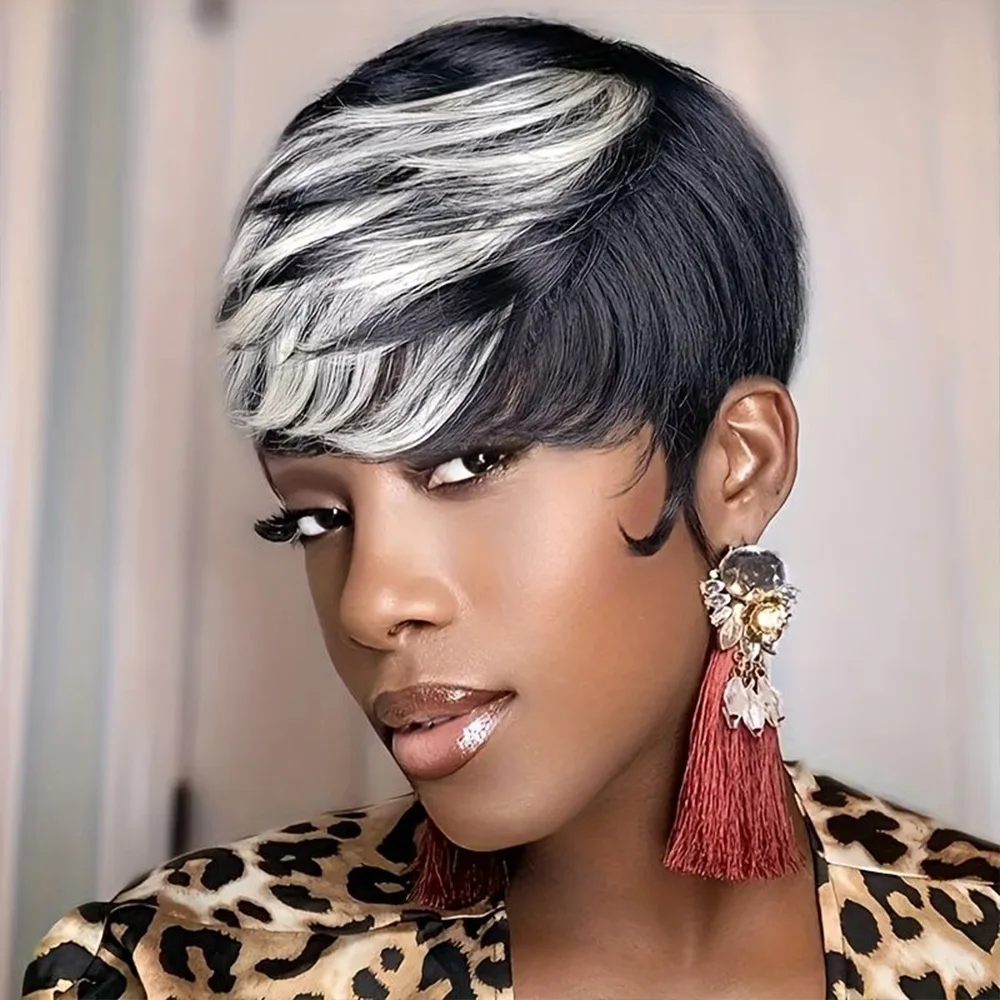 شعر مستعار قصير مستقيم بقص عابث أسود ورمادي بوب مع غرة، شعر مستعار بشري مصنوع آليًا بالكامل للنساء ذوات البشرة السمراء