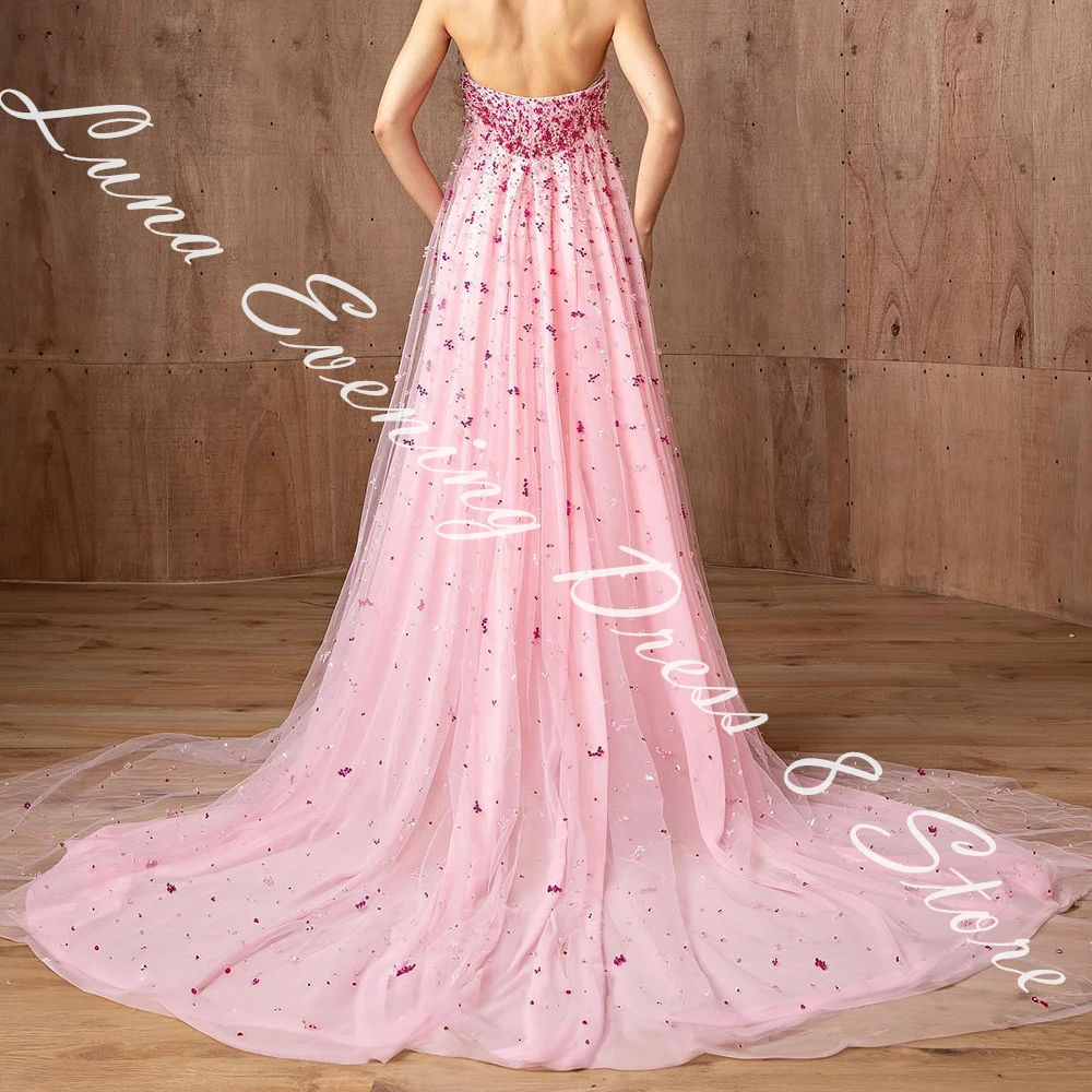 Customized Modern Satin Straight Crystal Evening Dress Strapless Floor Length Sleeveless Panel Train Vestidos para mujer