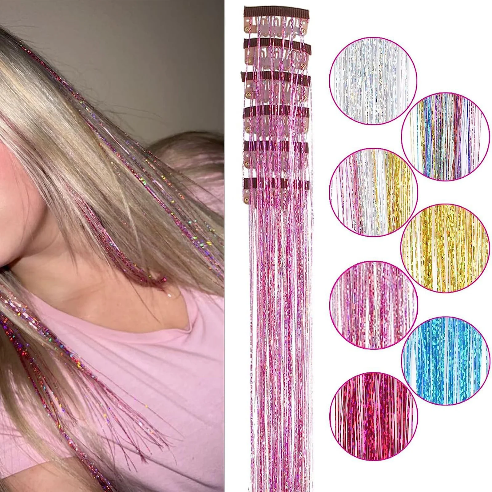 6PCS 19.6 Inch Clip in Hair Tinsel Set Fairy Wig Piece Sparkling Hair Tinsel Glitter Hair Extensions Rainbow Colored Strands