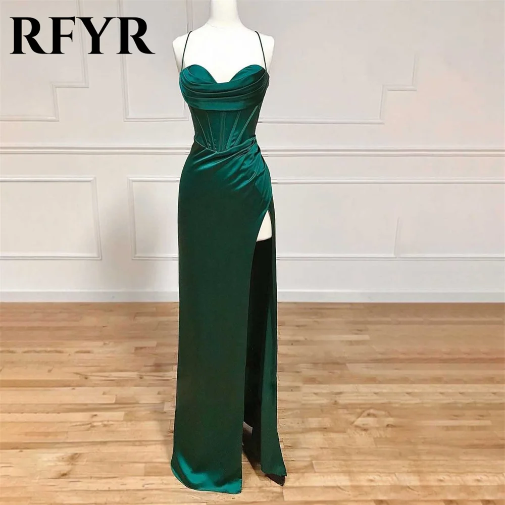 

RFYR Green Prom Dress Halter Trumpet Evening Dresses Pleats Satin Party Dress with Side Split Floor-length Vestidos De Noche