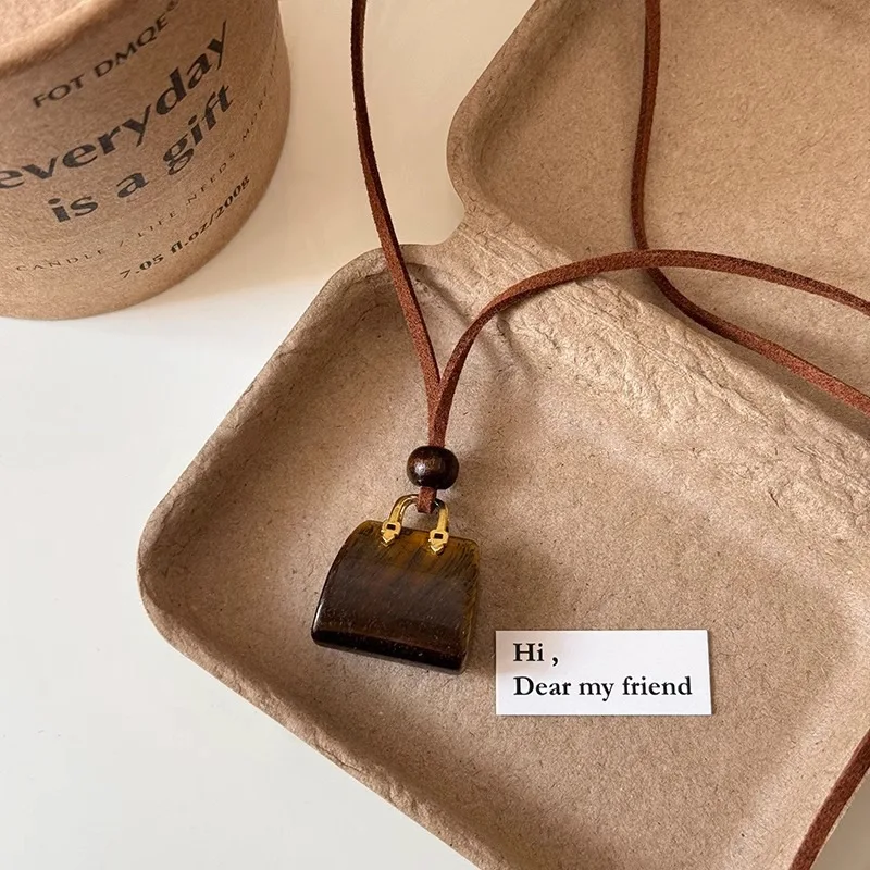 Vintage Cute Small Stone Bag Pendant Long Necklace for Women Korean Velvet Sweater Chain Jewelry Versatile Hanging Accessory
