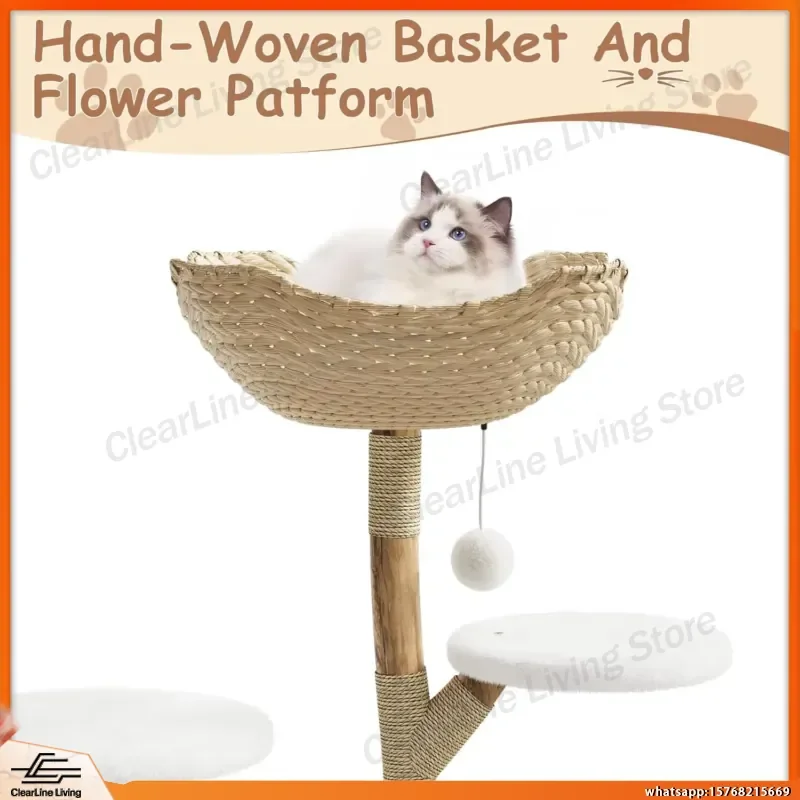 Multi-Level Cat Tree Tower with Cozy Bed Wicker Basket Condo Wooden Scratching Post Climbing Activity Center for Cats Indoor view 3