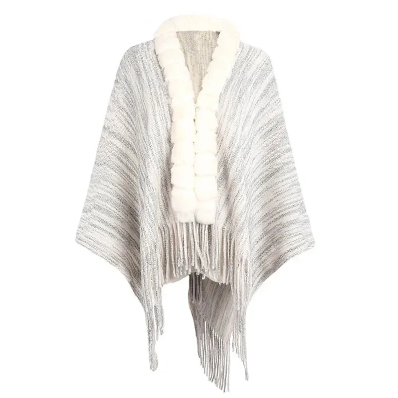 Autumn Winter Warm knitted Imitation Wool Collar Tassel shawl Fashionable Upscale Poncho Lady Capes Beige Cloaks